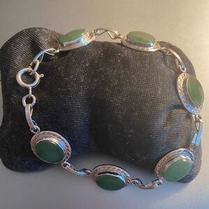 Simulated jade bracelet, silver tone, fits size 7 wrist